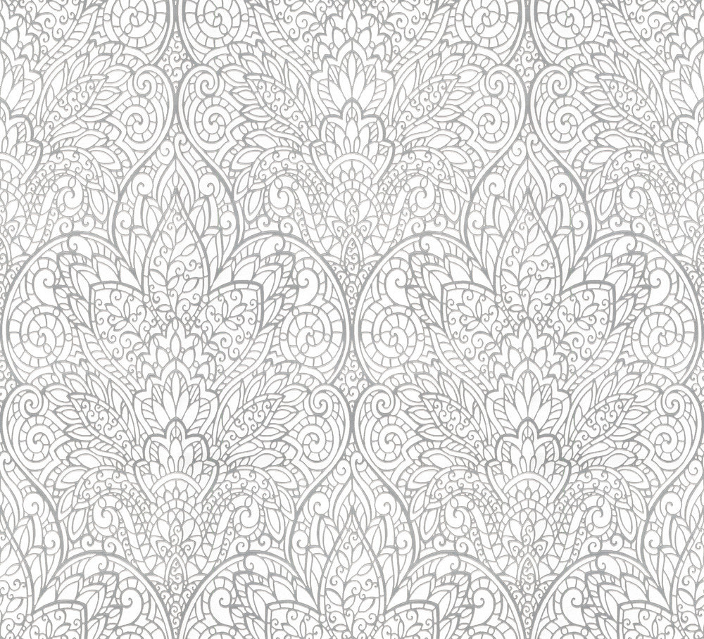 Paradise Bright White & Silver Wallpaper by Candice Olson Candice Olson After 8 Covers about 56.9 square feet 20.8-in by 32.8-ft long roll Unpasted 25.25 - Fabric Carolina -