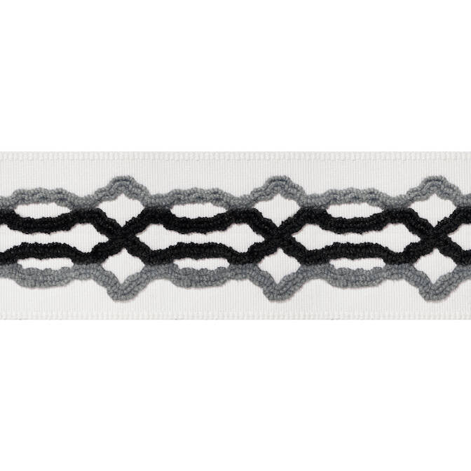 Hartney Tape Flannel and Onyx E12091 by Thibaut Fabric Thibaut Fabric Hartney Tape Flannel and Onyx E12091Fabric Tapes & Trims Volume 2 63% Cotton, 37% Viscose INDIA </p><p>Repeat: V: 2.75 2.875 - Fabric Carolina -