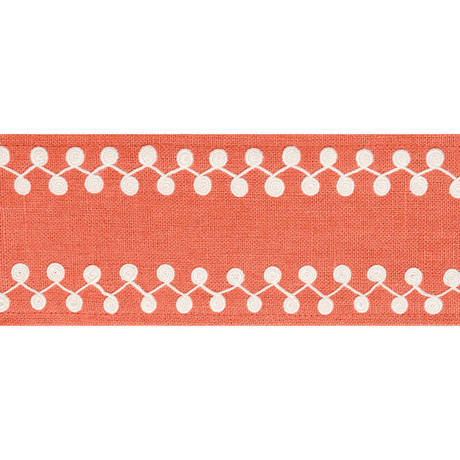 Perla Tape Coral E12220 by Thibaut Fabric Thibaut Fabric Perla Tape Coral E12220Fabric Tapes & Trims Volume 3 63% Linen, 34% Viscose, 3% Spun Poly INDIA </p><p>Repeat: V: 0.5 3.375 - Fabric Carolina -