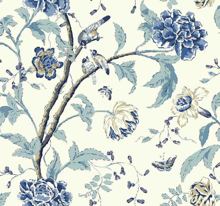 Teahouse Floral Green Wallpaper by Inspired by Color Blues II Covers about 60.8 square feet 27-in by 27-ft long roll Prepasted 25.25 - Fabric Carolina -