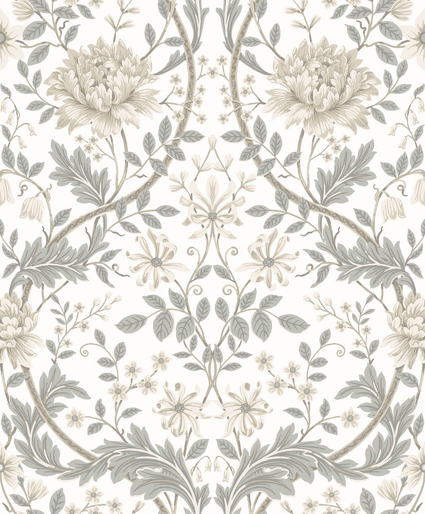 Honeysuckle Floral Prepasted Ivory & Grey by Seabrook Wallpaper Etten Prepasted Wallcoverings Netherlands 57 25.2" 20.9" - Fabric Carolina -