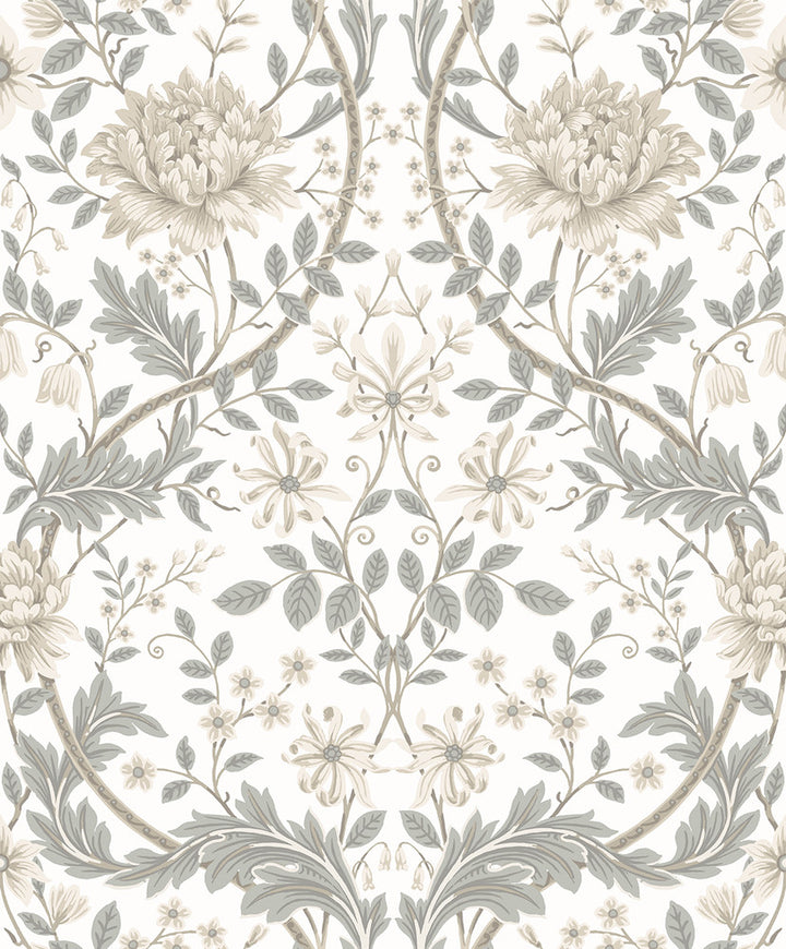 Honeysuckle Floral Prepasted Ivory & Grey by Seabrook Wallpaper Etten Prepasted Wallcoverings Netherlands 57 25.2" 20.9" - Fabric Carolina -