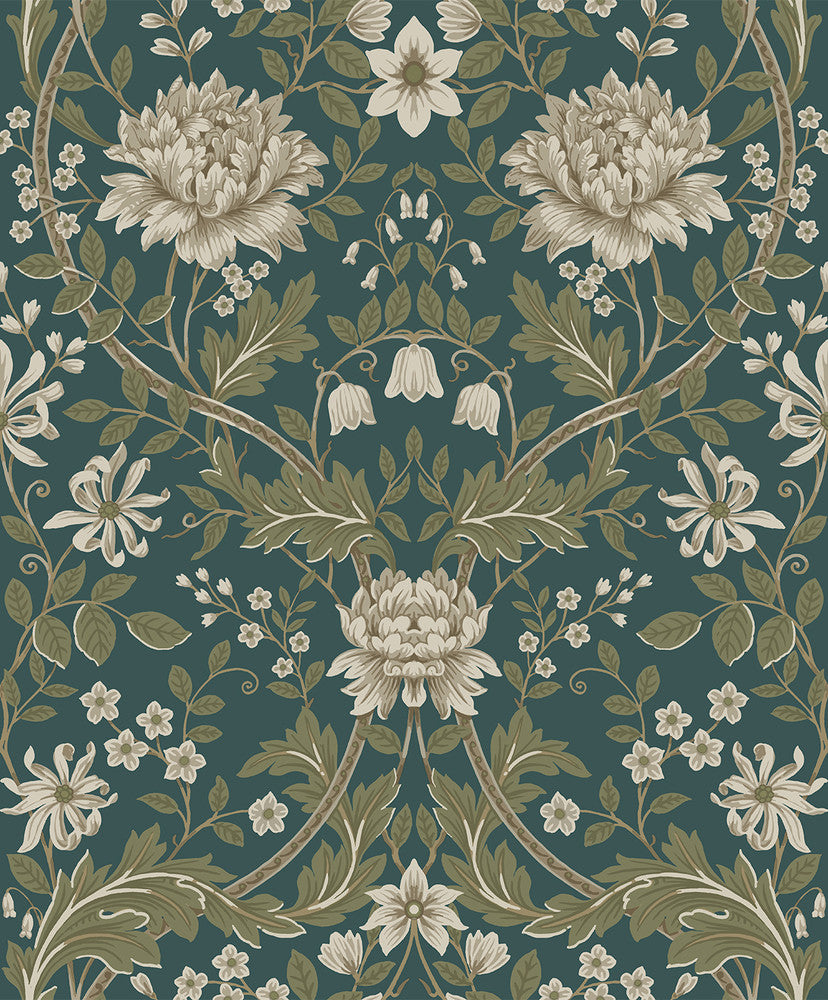 Honeysuckle Floral Prepasted Teal & Moss Green by Seabrook Wallpaper Etten Prepasted Wallcoverings Netherlands 57 25.2" 20.9" - Fabric Carolina -