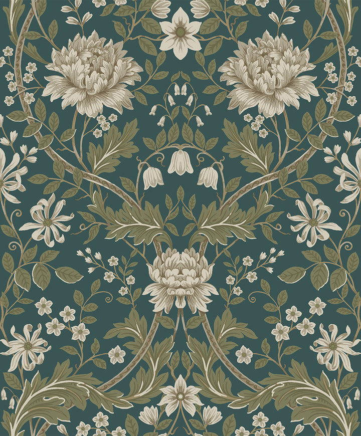 Honeysuckle Floral Prepasted Teal & Moss Green by Seabrook Wallpaper Etten Prepasted Wallcoverings Netherlands 57 25.2" 20.9" - Fabric Carolina -