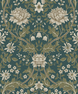 Honeysuckle Floral Prepasted Teal & Moss Green by Seabrook Wallpaper