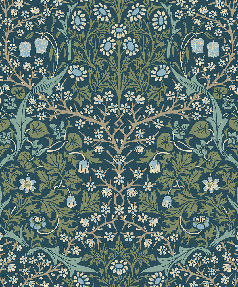 Victorian Garden Floral Prepasted Prussian Blue & Moss Green by Seabrook Wallpaper Etten Prepasted Wallcoverings Netherlands 57 25.2" 20.9" - Fabric Carolina -