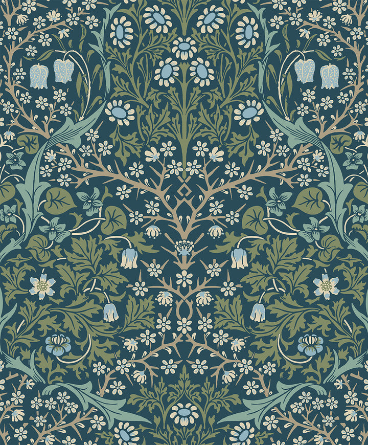 Victorian Garden Floral Prepasted Prussian Blue & Moss Green by Seabrook Wallpaper Etten Prepasted Wallcoverings Netherlands 57 25.2" 20.9" - Fabric Carolina -