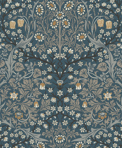 Victorian Garden Floral Prepasted Aegean Blue & Warm Stone by Seabrook Wallpaper
