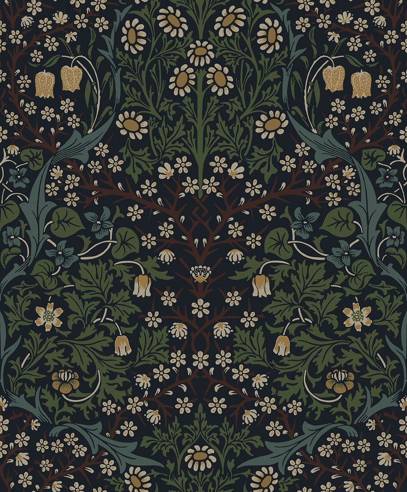 Victorian Garden Floral Prepasted Midnight Blue & Evergreen by Seabrook Wallpaper Etten Prepasted Wallcoverings Netherlands 57 25.2" 20.9" - Fabric Carolina -