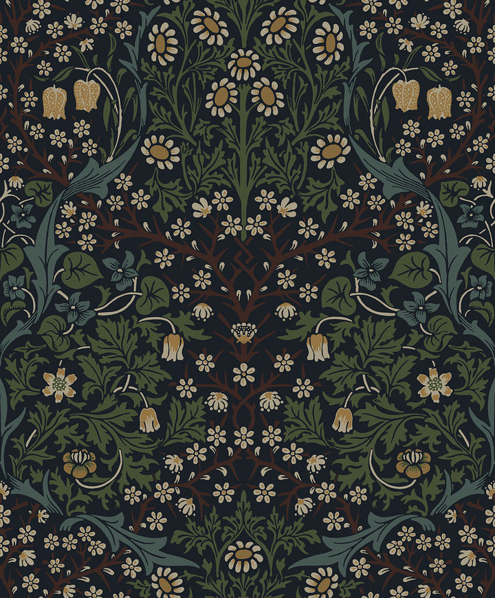 Victorian Garden Floral Prepasted Midnight Blue & Evergreen by Seabrook Wallpaper Etten Prepasted Wallcoverings Netherlands 57 25.2" 20.9" - Fabric Carolina -