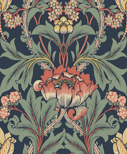 Primrose Garden Floral Prepasted Denim Blue & Auburn by Seabrook Wallpaper