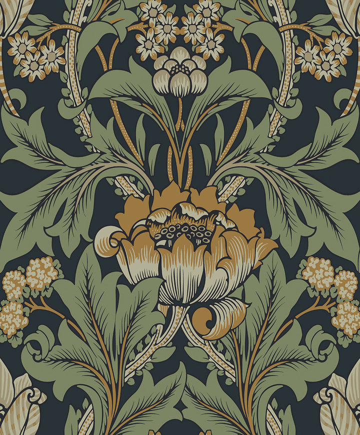 Primrose Garden Floral Prepasted Midnight Blue & Goldenrod by Seabrook Wallpaper Etten Prepasted Wallcoverings Netherlands 57 25.2" 20.9" - Fabric Carolina -