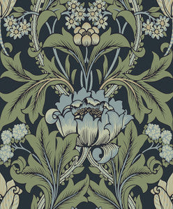 Primrose Garden Floral Prepasted Midnight Blue & Sage by Seabrook Wallpaper