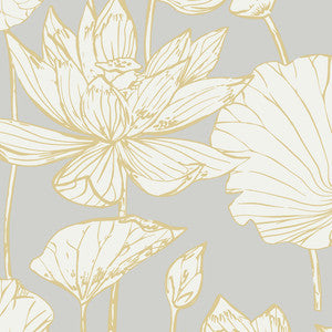 Water Lily Floral Metallic Gold & Grey by Seabrook Wallpaper