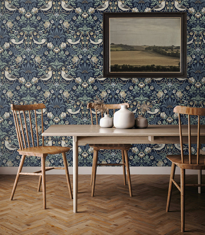 Fragaria Garden Navy Blue & Aloe ET11212 by Etten Studios Designer Wallpaper