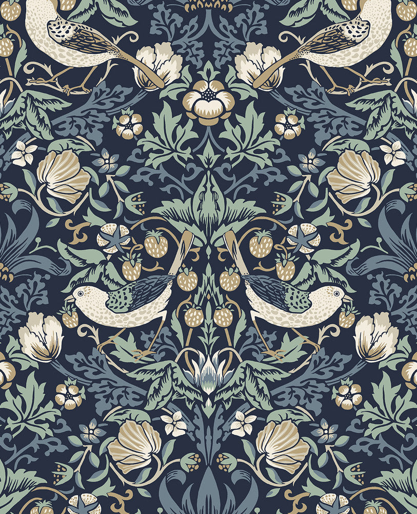 Fragaria Garden Navy Blue & Aloe by Seabrook Wallpaper Legacy Prints Netherlands 57.5 25.2" 20.9" - Fabric Carolina -