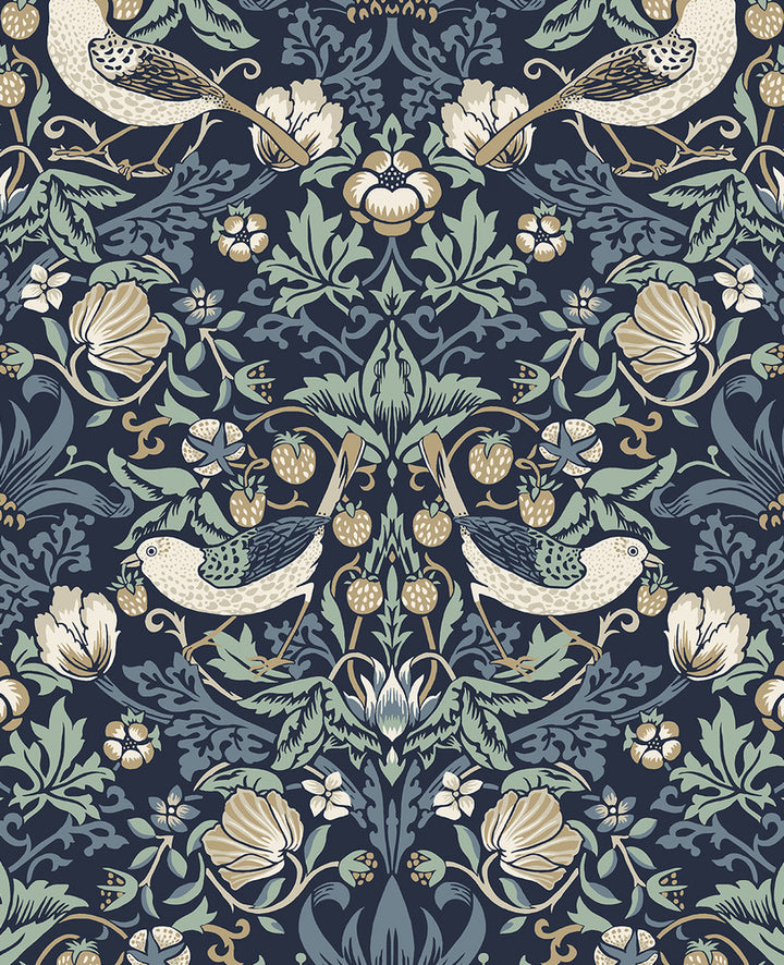 Fragaria Garden Navy Blue & Aloe by Seabrook Wallpaper Legacy Prints Netherlands 57.5 25.2" 20.9" - Fabric Carolina -