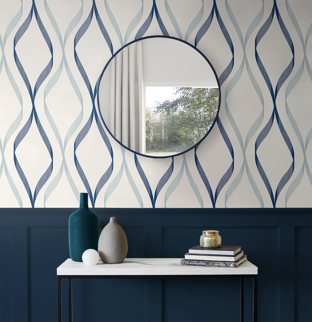 Wave Ogee Celtic Blue & Dewdrop ET11802 by Etten Studios Designer Wallpaper