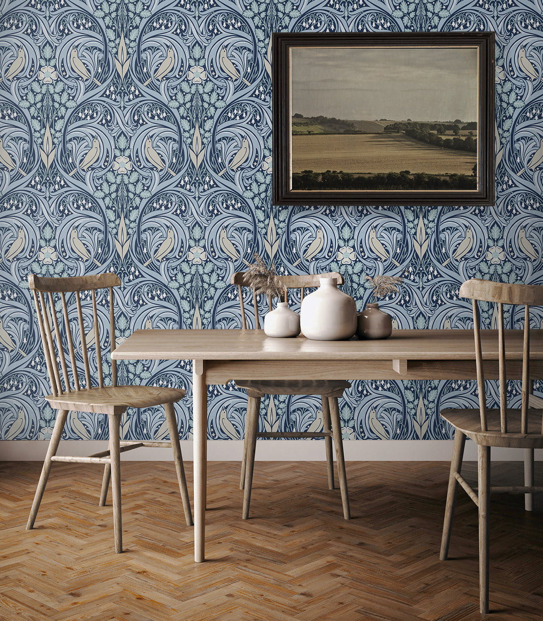 Bird Scroll Denim & Blue Mist ET12202 by Etten Studios Designer Wallpaper