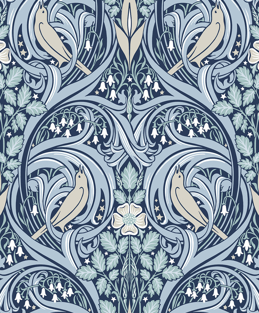 Bird Scroll Denim & Blue Mist by Seabrook Wallpaper Legacy Prints Netherlands 57.5 25.2" 20.9" - Fabric Carolina -