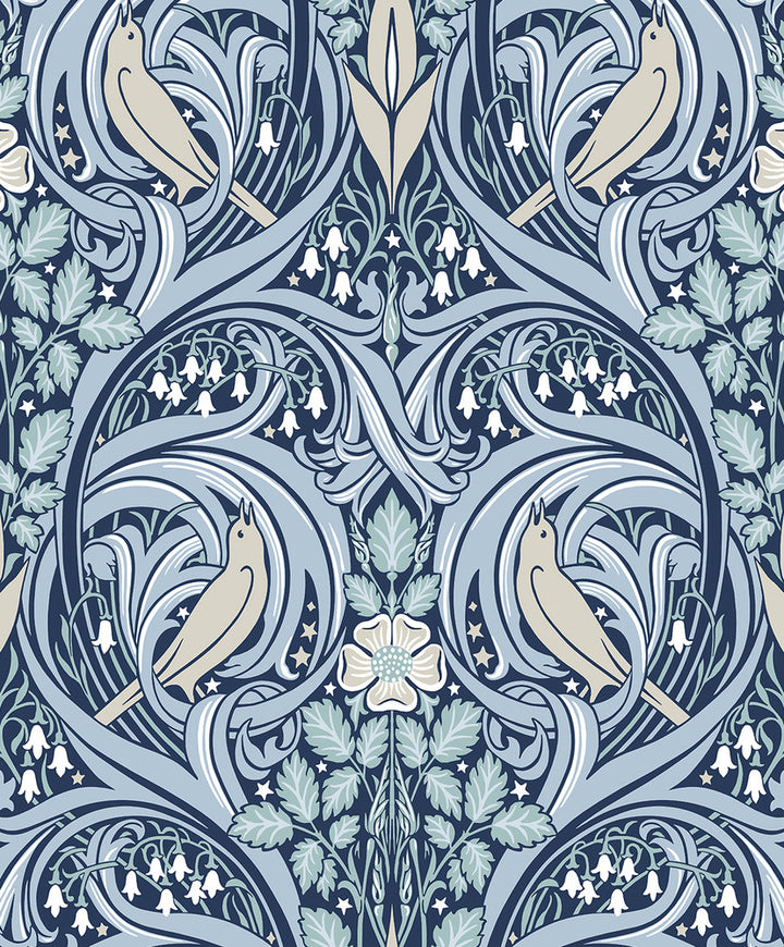 Bird Scroll Denim & Blue Mist by Seabrook Wallpaper Legacy Prints Netherlands 57.5 25.2" 20.9" - Fabric Carolina -