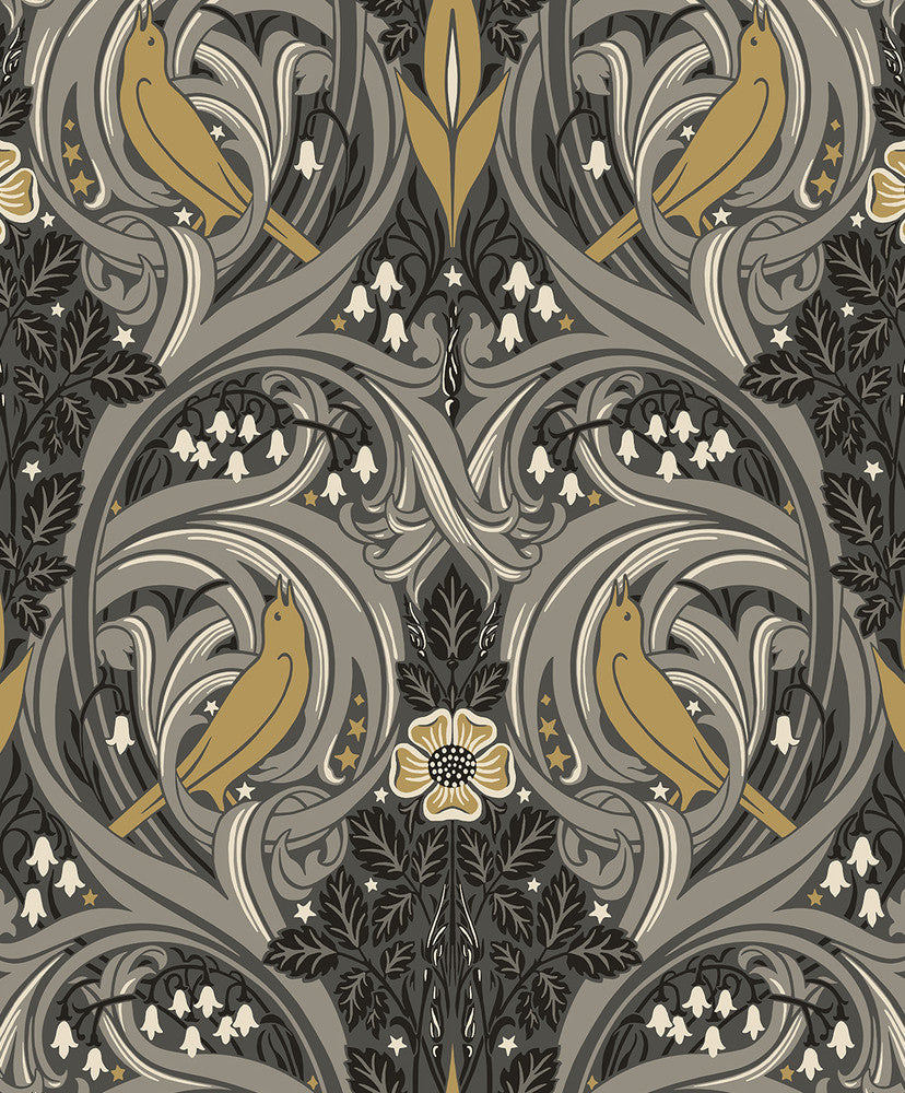 Bird Scroll Charcoal & Goldenrod by Seabrook Wallpaper Legacy Prints Netherlands 57.5 25.2" 20.9" - Fabric Carolina -