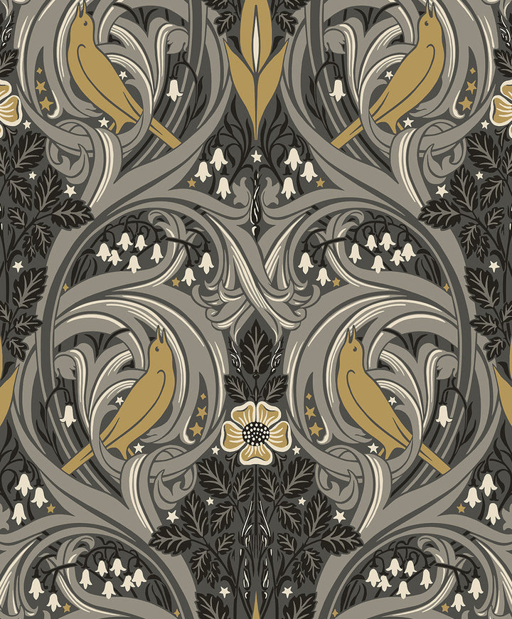 Bird Scroll Charcoal & Goldenrod by Seabrook Wallpaper Legacy Prints Netherlands 57.5 25.2" 20.9" - Fabric Carolina -