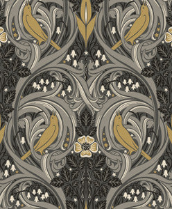 Bird Scroll Charcoal & Goldenrod by Seabrook Wallpaper