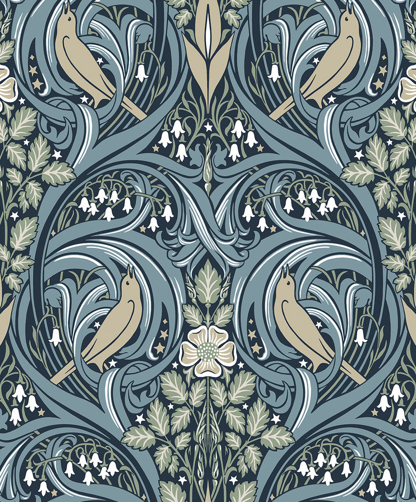 Bird Scroll Navy & Beige by Seabrook Wallpaper Legacy Prints Netherlands 57.5 25.2" 20.9" - Fabric Carolina -