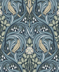 Bird Scroll Navy & Beige by Seabrook Wallpaper