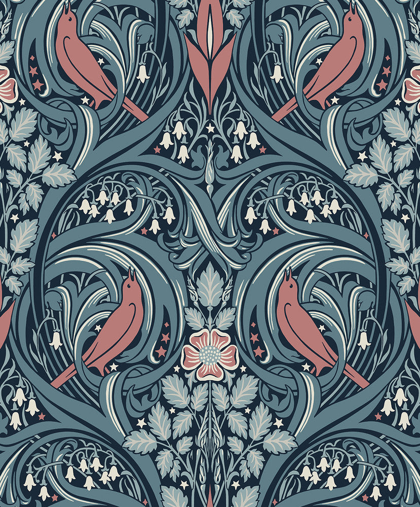 Bird Scroll Aegean Teal & Coral by Seabrook Wallpaper Legacy Prints Netherlands 57.5 25.2" 20.9" - Fabric Carolina -