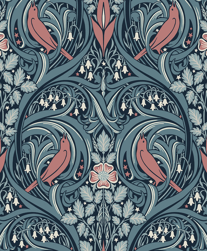 Bird Scroll Aegean Teal & Coral by Seabrook Wallpaper Legacy Prints Netherlands 57.5 25.2" 20.9" - Fabric Carolina -