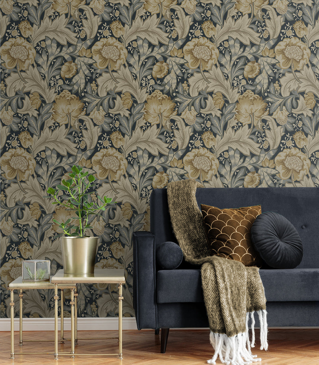 Acanthus Garden Midnight Blue & Beige ET12308 by Etten Studios Designer Wallpaper