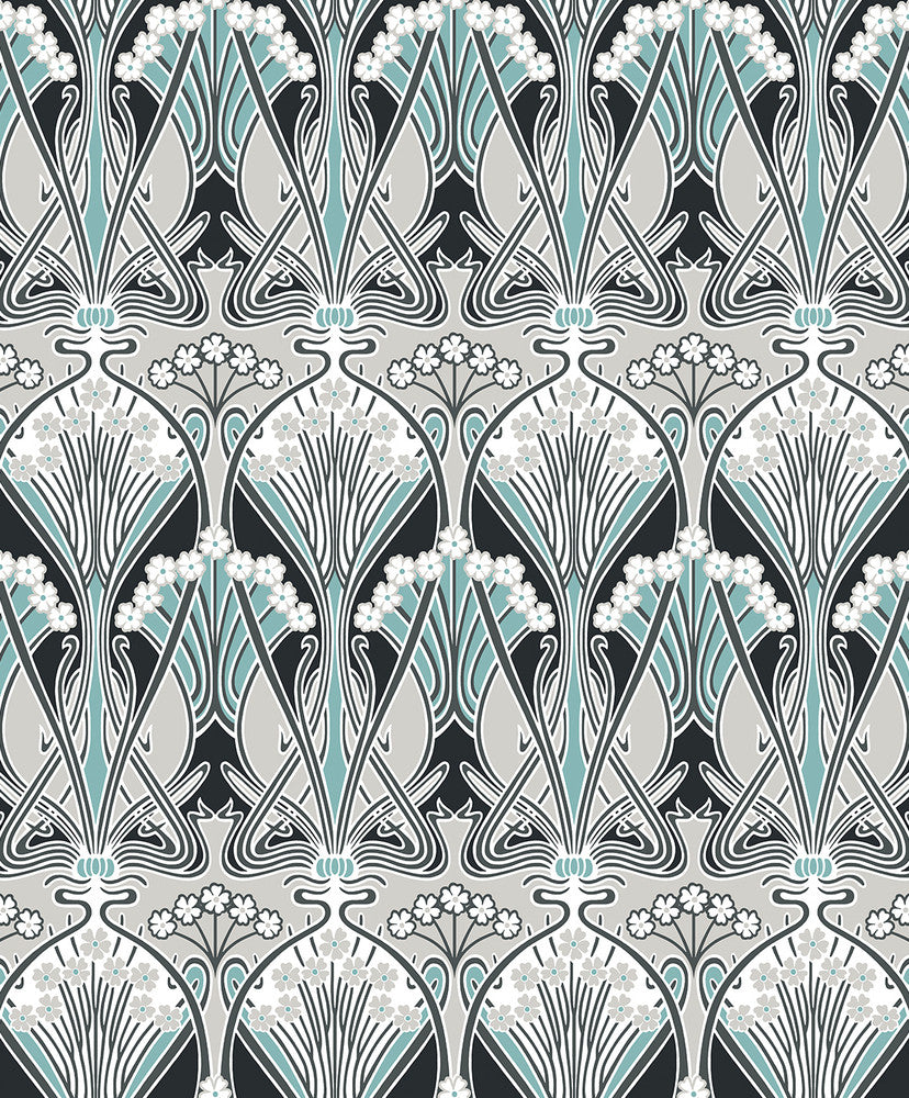 Dragonfly Damask Ebony & Aqua by Seabrook Wallpaper Legacy Prints Netherlands 57.5 12" 20.9" - Fabric Carolina -