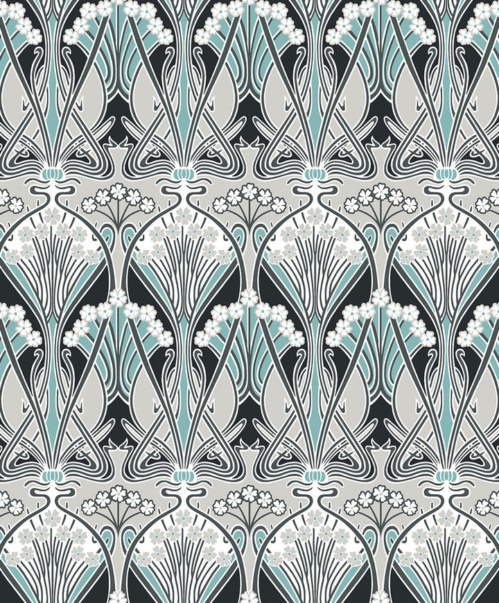 Dragonfly Damask Ebony & Aqua by Seabrook Wallpaper Legacy Prints Netherlands 57.5 12" 20.9" - Fabric Carolina -