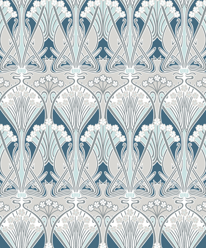 Dragonfly Damask Aegean Blue & Dewdrop by Seabrook Wallpaper Legacy Prints Netherlands 57.5 12" 20.9" - Fabric Carolina -