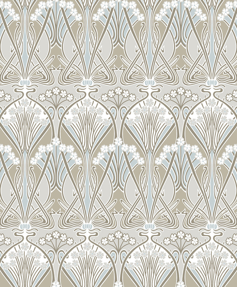 Dragonfly Damask Soft Taupe & Blue Mist by Seabrook Wallpaper Legacy Prints Netherlands 57.5 12" 20.9" - Fabric Carolina -