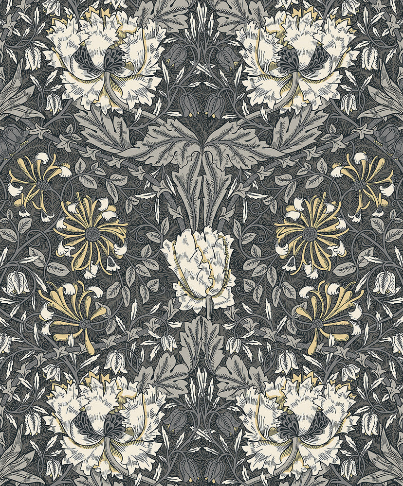 Ogee Flora Charcoal & Goldenrod by Seabrook Wallpaper Legacy Prints Netherlands 57.5 20.87" 20.9" - Fabric Carolina -