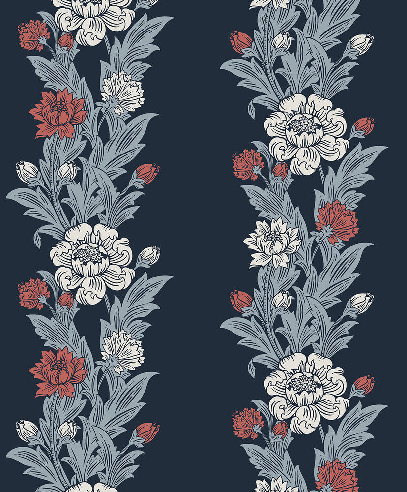 Blooming Stripe Deep Navy & Berry by Seabrook Wallpaper Legacy Prints Netherlands 57.5 12.6" 20.9" - Fabric Carolina -