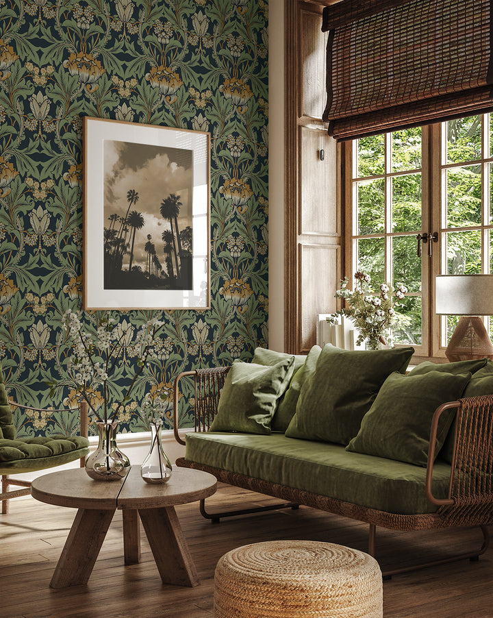 Primrose Garden Midnight Blue & Goldenrod ET13104 by Etten Studios Designer Wallpaper