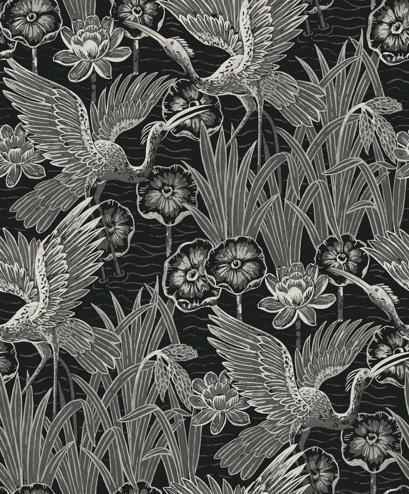 Marsh Cranes Midnight by Seabrook Wallpaper White Heron Netherlands 57.5 25.2" 20.9" - Fabric Carolina -