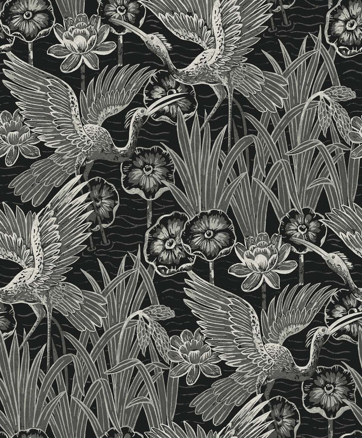 Marsh Cranes Midnight by Seabrook Wallpaper White Heron Netherlands 57.5 25.2" 20.9" - Fabric Carolina -