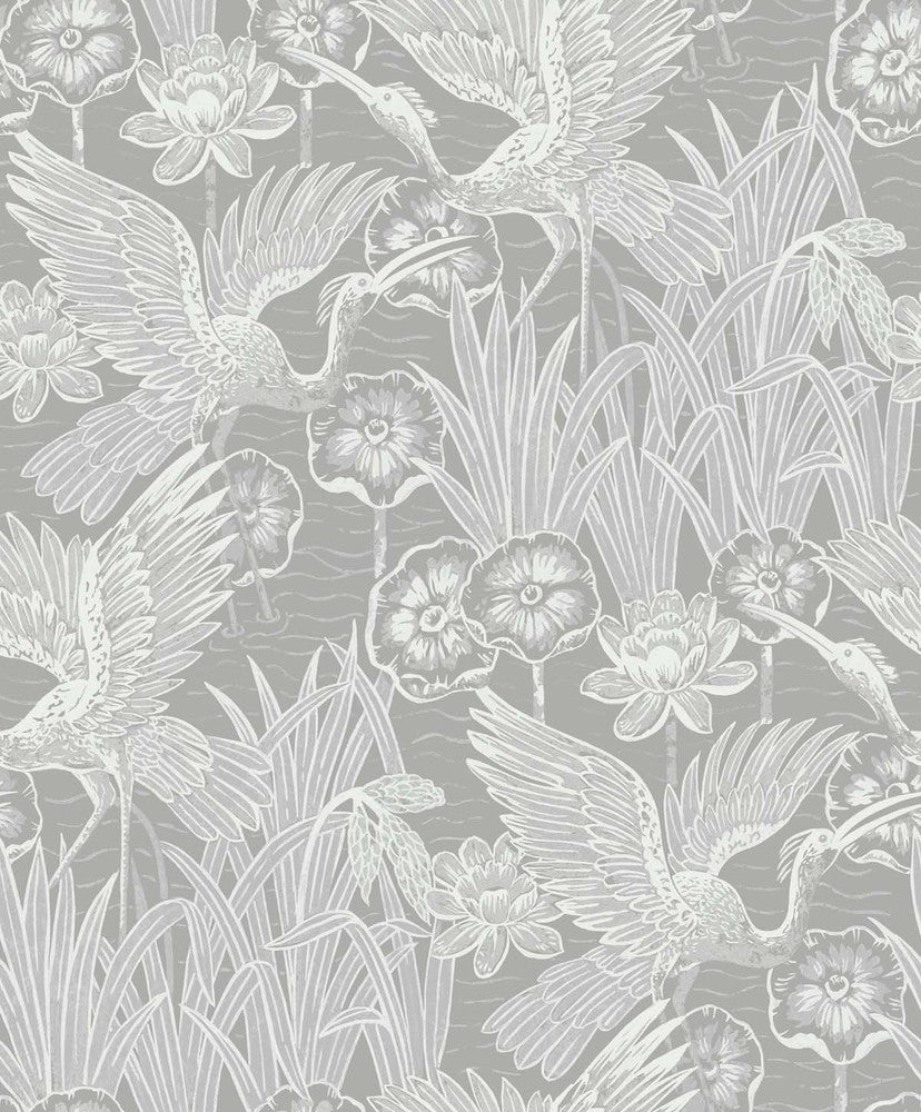 Marsh Cranes Anew Grey by Seabrook Wallpaper White Heron Netherlands 57.5 25.2" 20.9" - Fabric Carolina -