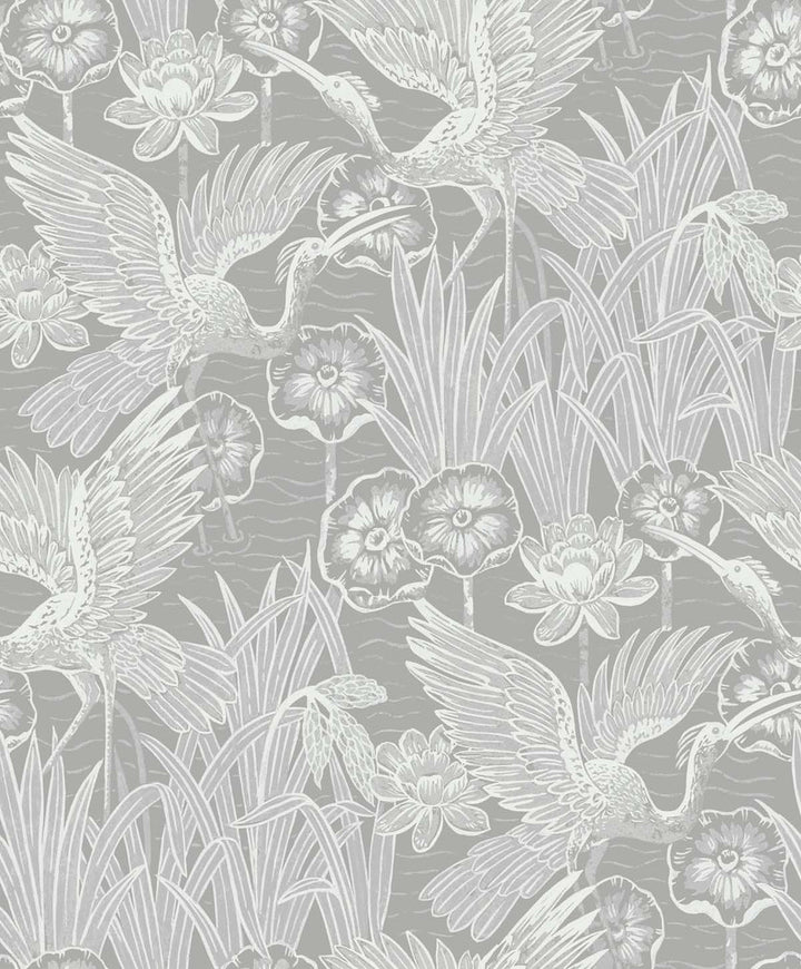 Marsh Cranes Anew Grey by Seabrook Wallpaper White Heron Netherlands 57.5 25.2" 20.9" - Fabric Carolina -
