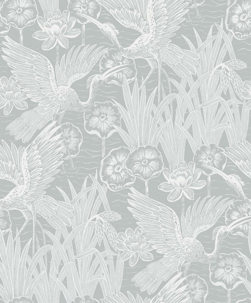 Marsh Cranes Mist by Seabrook Wallpaper White Heron Netherlands 57.5 25.2" 20.9" - Fabric Carolina -