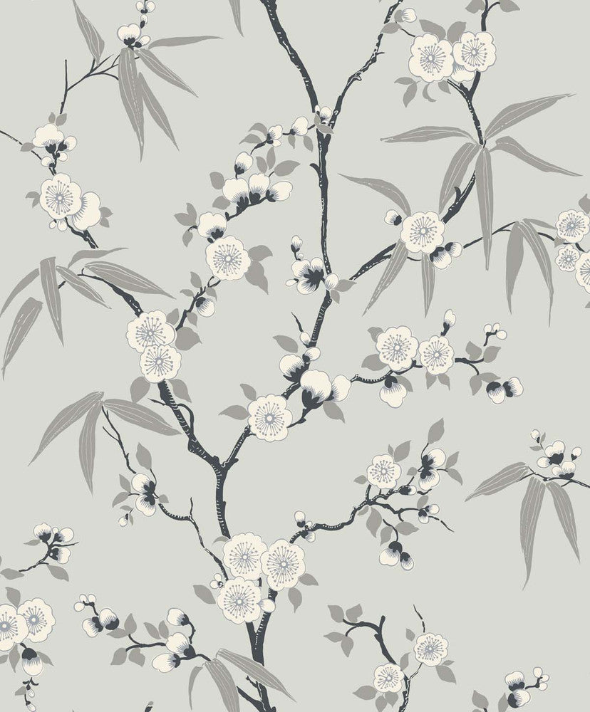 Floral Blossom Trail Stormy by Seabrook Wallpaper White Heron Netherlands 57.5 25.2" 20.9" - Fabric Carolina -