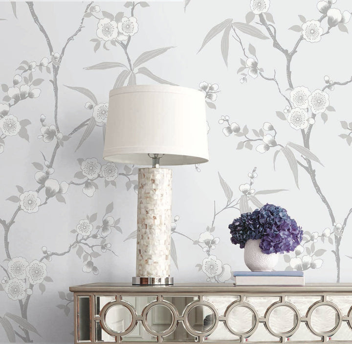 Floral Blossom Trail Soft Grey EW11108 by Seabrook Designs Designer Wallpaper