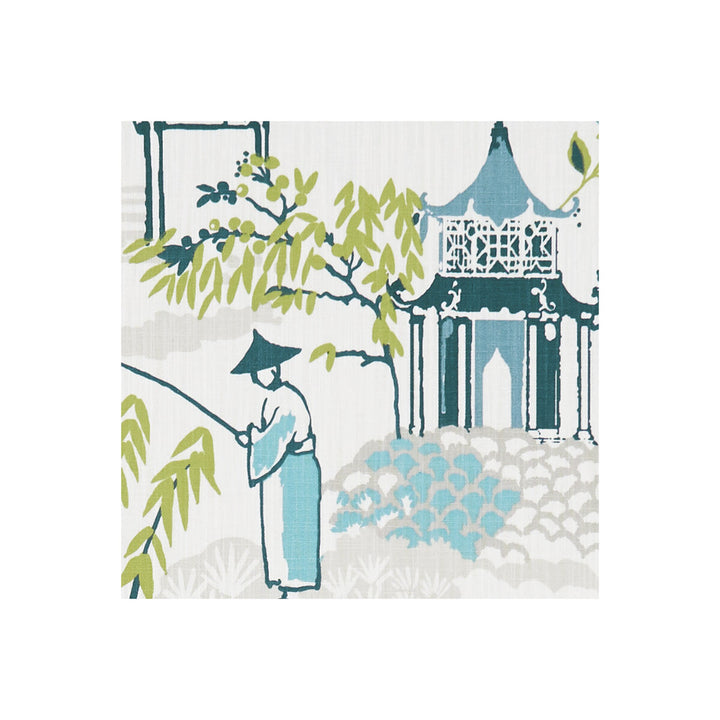 Pagoda Apple/Denim by Clarke And Clarke Fabric CLARKE & CLARKE ORIENTAL GARDEN COTTON - 90%;LINEN - 10% United Kingdom MEDIUM Horizontal: 26.77 and Vertical: 25.2 54 - Fabric Carolina -
