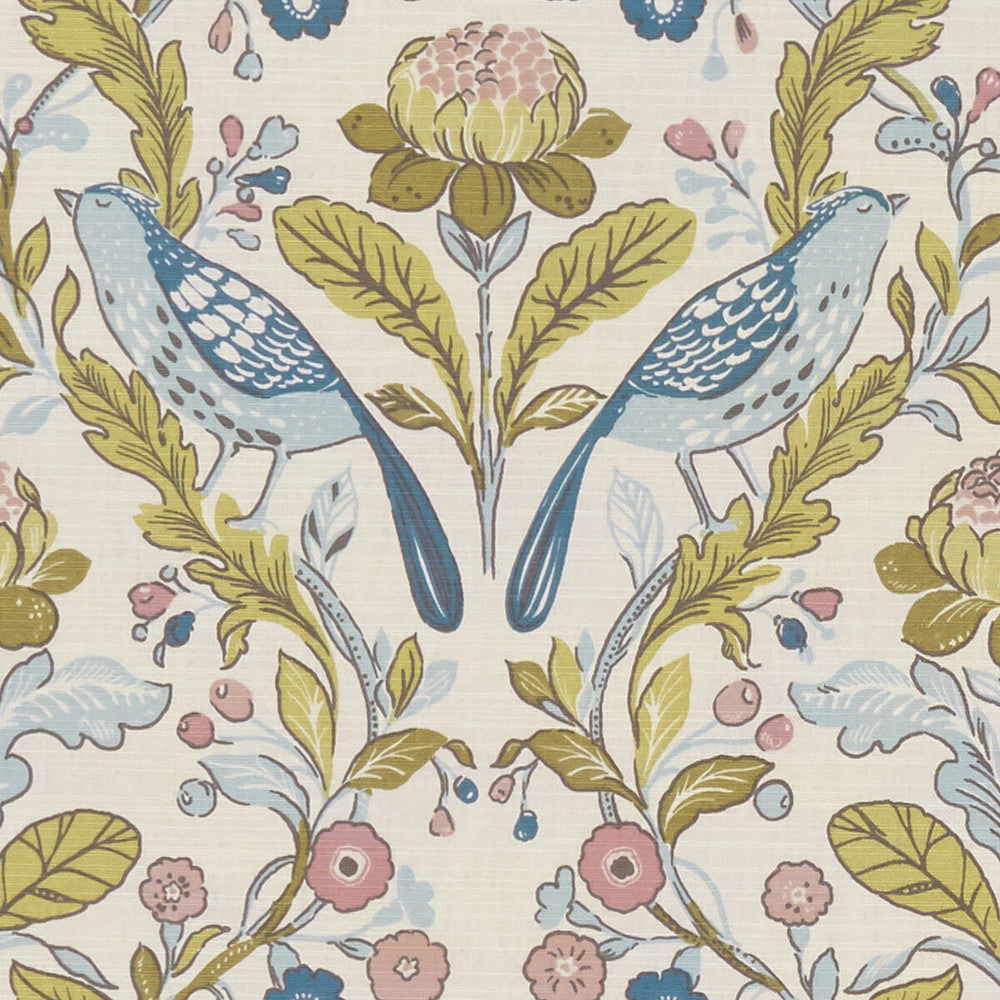 Orchard Birds Birds Teal/Blush by Clarke And Clarke Fabric CLARKE & CLARKE SHERWOOD COTTON - 100% Turkey MEDIUM Horizontal: - and Vertical: - 54 - Fabric Carolina -