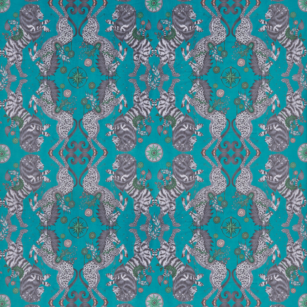 Caspian Velvet Teal by Clarke And Clarke Designer Fabric WILDERIE BY EMMA J SHIPLEY FOR C&C POLYESTER - 100% Spain HEAVY Horizontal: 27 and Vertical: 25.12 55 - Swanky Fabrics -